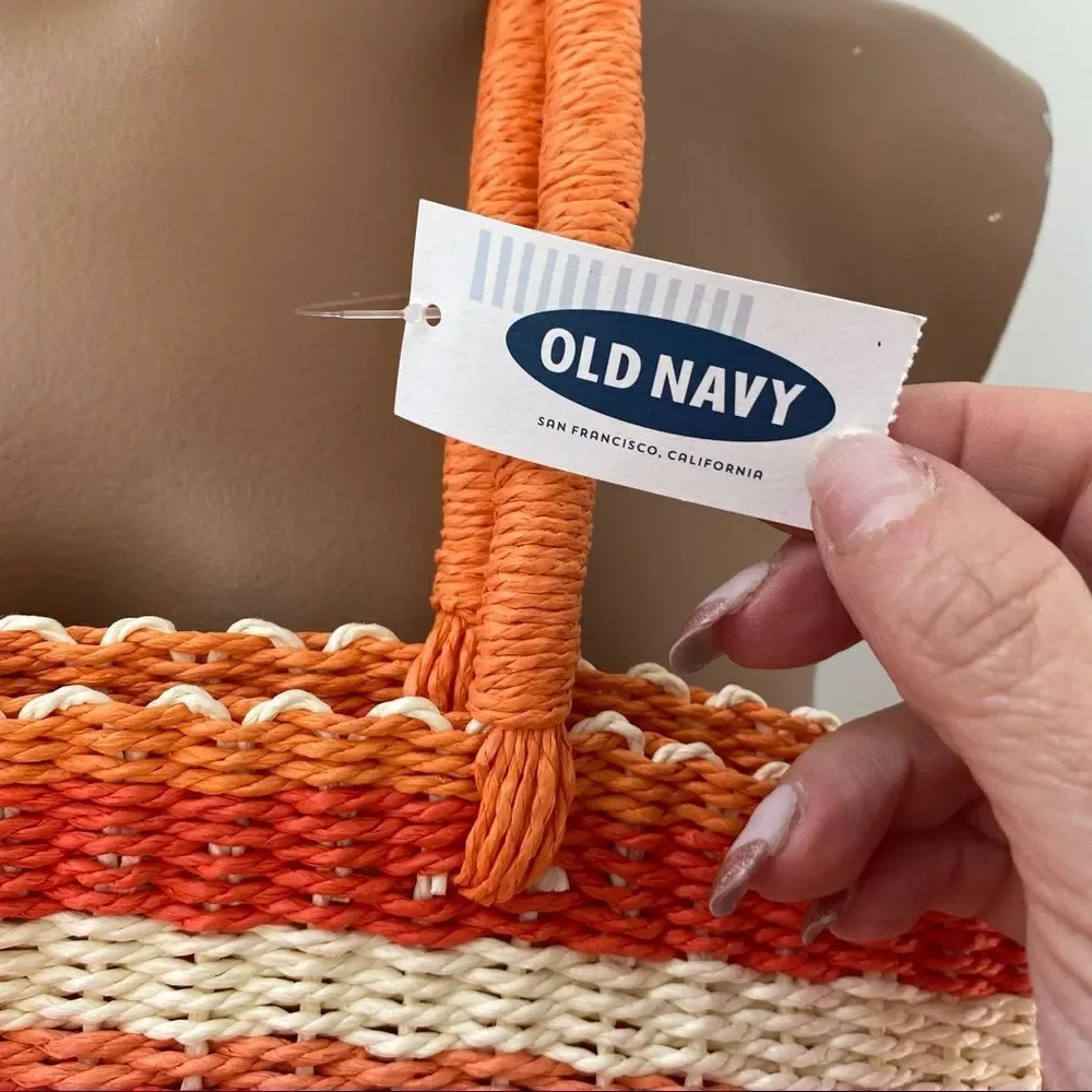 NEW Old Navy orange striped straw beach tote bag